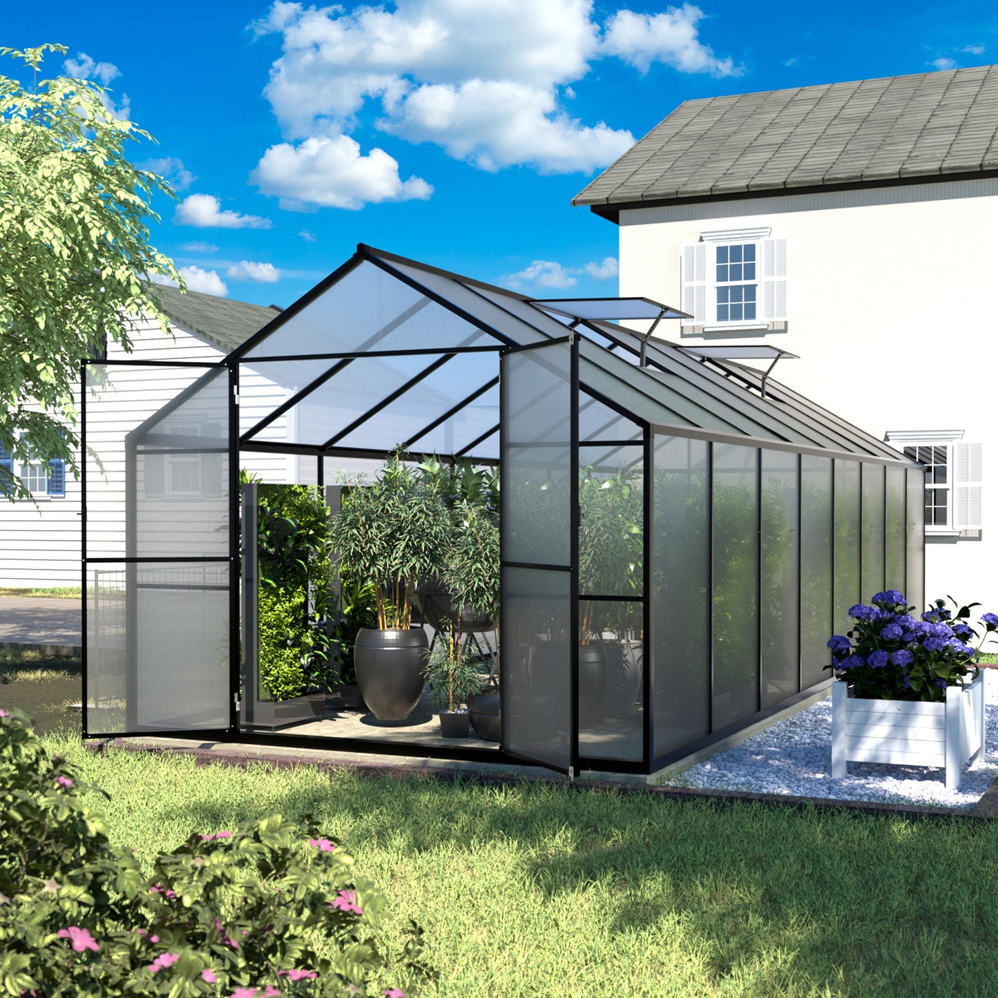 Yardenaler 8x16 FT Polycarbonate Aluminum Greenhouse Kit, Outdoor Walk-in Greenhouse, PC Green House with Adjustable Roof Vents and Lockable Door, Backyard Garden in Winter, Gray