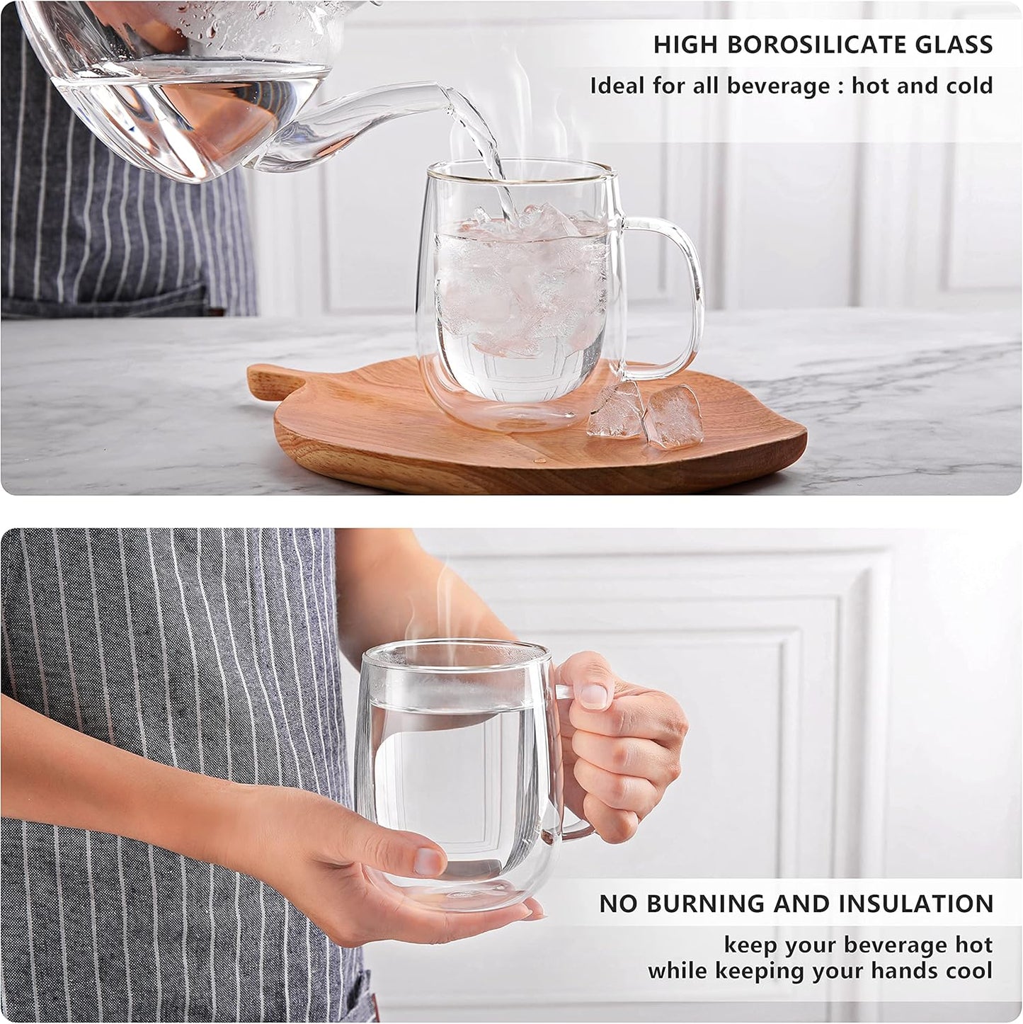 12oz,Double Set Beverages,Set 4 CNGLASS Glass Coffee Mugs Wall Insulated Mug with Handle,Clear Glass Espresso Mugs