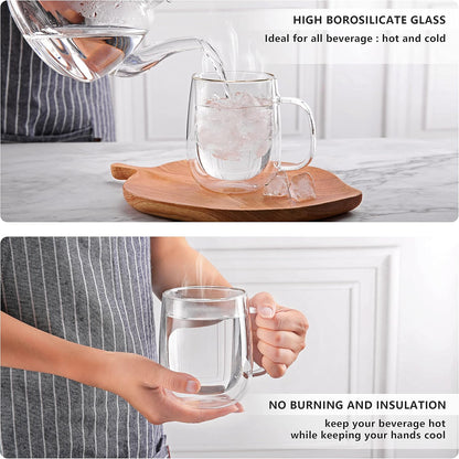 12oz,Double Set Beverages,Set 4 CNGLASS Glass Coffee Mugs Wall Insulated Mug with Handle,Clear Glass Espresso Mugs