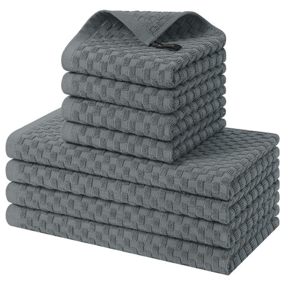 Homaxy 100% Cotton Kitchen Towels and Dishcloths Set, 12 x 12 & 15 x 25 Inches, Set of 8 Bulk Terry Cloth Dish Towels, Super Soft and Absorbent Hand Towel with Hanging Loop, Dark Grey