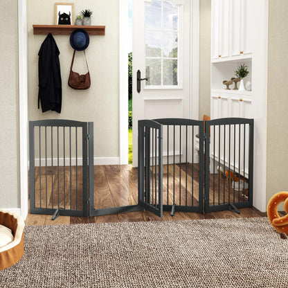 PUPETPO Freestanding Dog Gates with Door Walk Through, Pet Gate for Stairs, 80 inch Wide Gates Indoor, Dog Fences Indoor, Support Feet Included, 4 Panels, 32" Tall, Grey