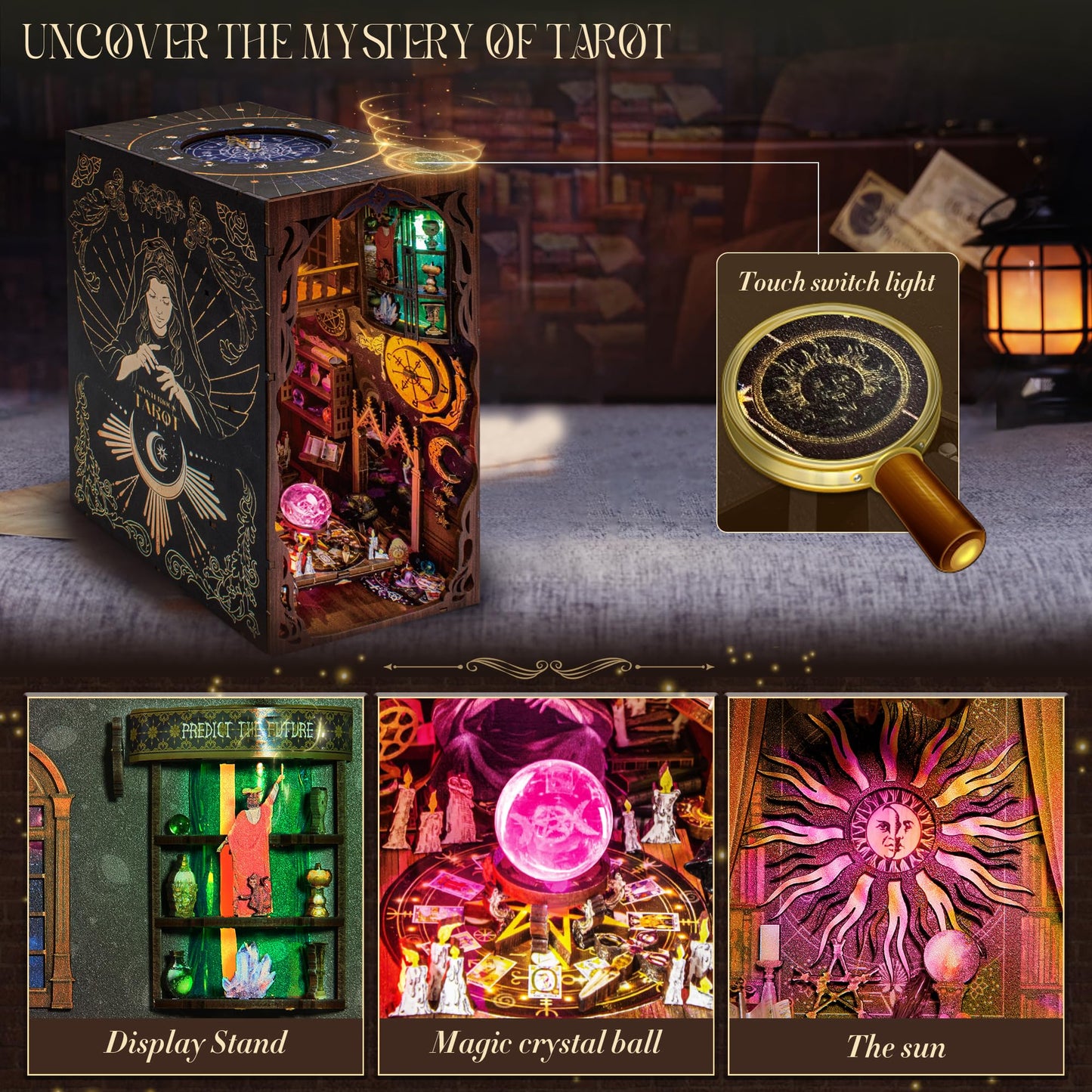 DIY Book Nook Kit, 3D Wooden Puzzle Booknook, Bookshelf Miniature House Kit Dollhouse, Tarot Divination Test, with LED Light, Dust Cover, Gift for Adults Teens (Mysterious Tarot)