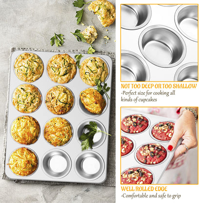 E-far Muffin Pan 12-Cup, Set of 2, Stainless Steel Cupcake Pan Metal Muffin Baking Tins for Oven, Regular Size & Easy Clean, Non-toxic & Dishwasher Safe