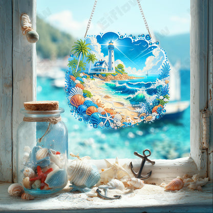 Eiflow Acrylic Diamond Art Hanging Kit for Adults, DIY Diamonds Painting Door Hanger Board Kit, Special Crystal Diamond Art Painting Pendant Ornament (Beach)