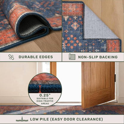 Hazo Haus 6x9 Dining Room Rug - Washable Low Pile Non-Slip Area Rug in Navy Blue & Terracotta
