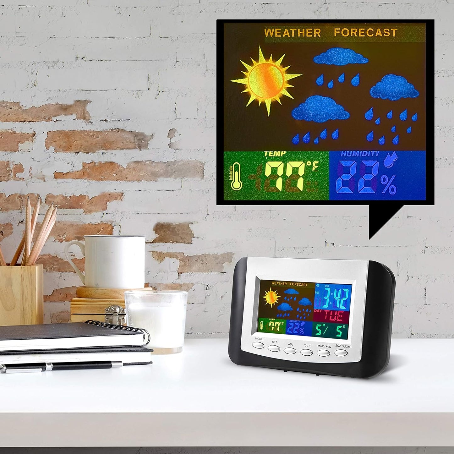 RCA Weather Station Alarm Clock, Full-Color Display with Time, Date, Temperature, Humidity, and Weather Forecast