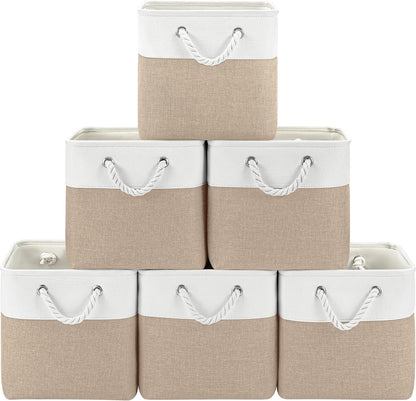 Patvingot 11-Inch Fabric Storage Bins - 6-Pack Organizer Cubes with Rope Handles for Home & Closet | White/Khaki