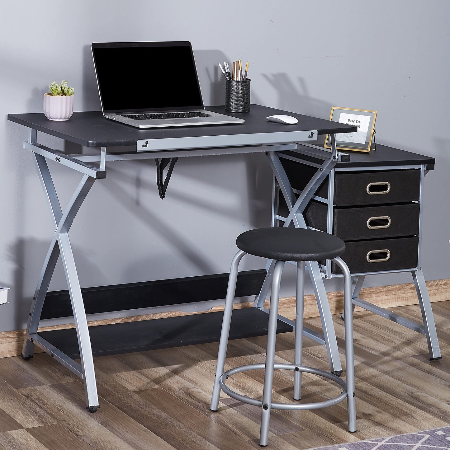 Adjustable Drafting Table for Artists with Stool, Sturdy X-Cross Metal Frame Drawing Table with Storage Drawers, Art Desk with Tilted Tabletop, Craft Station Writing Computer Desk, Black