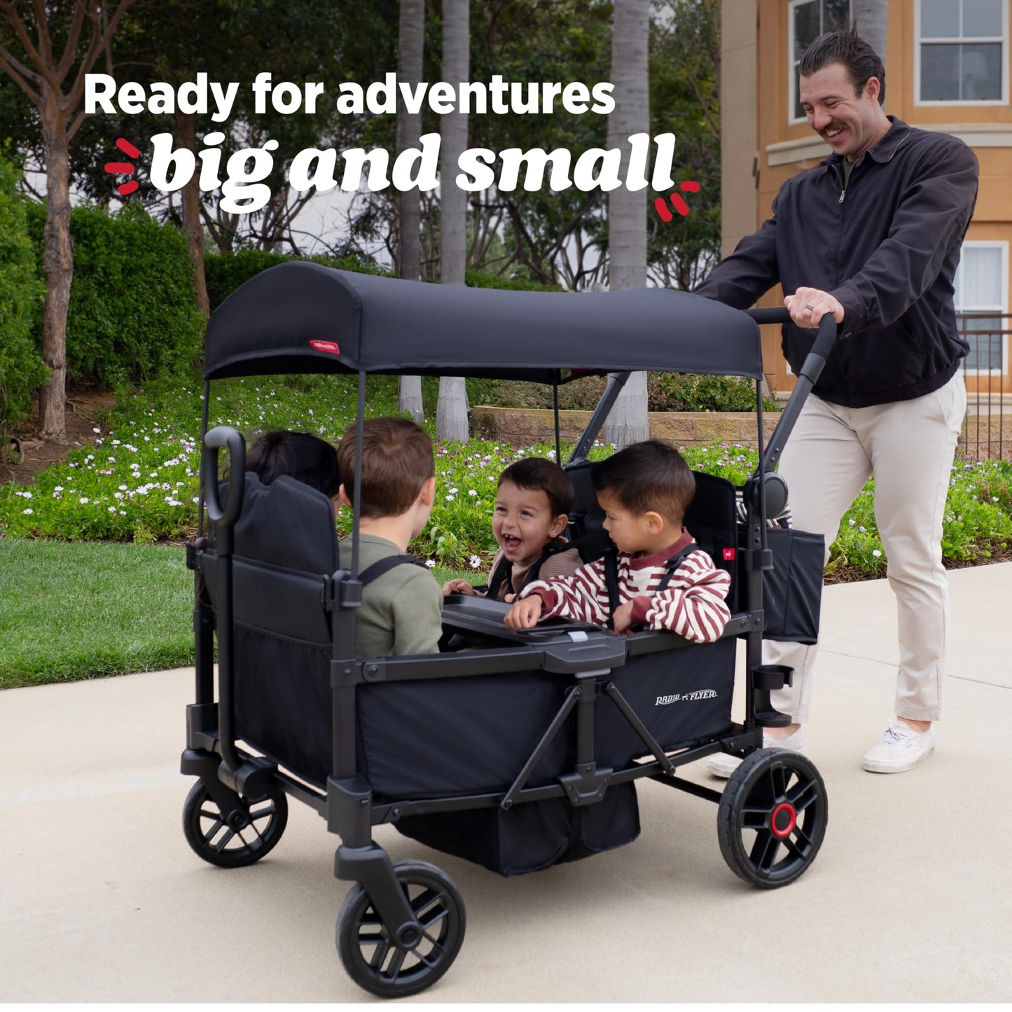 Radio Flyer Voya 2.0 4-Seat Stroller Wagon, for Kids 6+ Months, Lightweight, Compact, Foldable, UV Canopy, Included Storage, Never Fall Pull Handle, Seats Convert to Flatbed, Stroller Wagon for Kids
