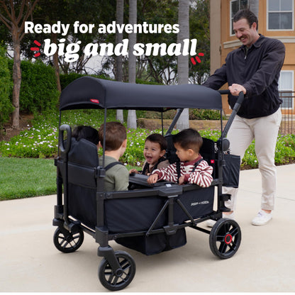 Radio Flyer Voya 2.0 4-Seat Stroller Wagon, for Kids 6+ Months, Lightweight, Compact, Foldable, UV Canopy, Included Storage, Never Fall Pull Handle, Seats Convert to Flatbed, Stroller Wagon for Kids