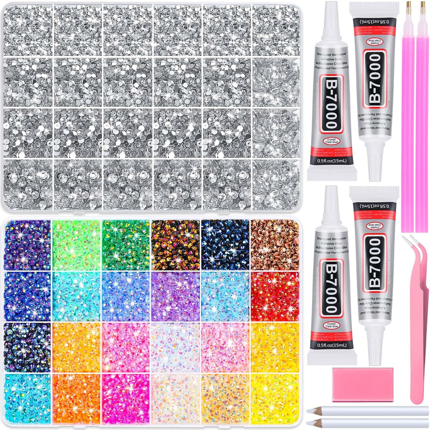 40000Pcs Resin Rhinestones with B7000 Jewelry Glue for Bedazzling Crafting, Rainbow Crystals Flat Back Gems with Craft Adhesive for DIY Graduation Cap Clothes Tumblers Shoes Nails and Face