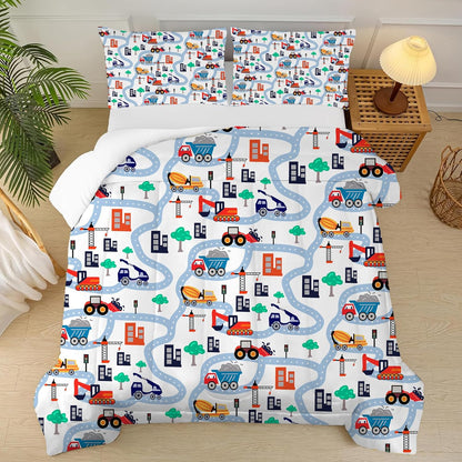 Set Set 1 1 Cartoon Truck Comforter Twin: Construction Bedding for Boys Kids Children Bedroom Dorm White Cute Cars
