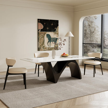 86" Modern Rectangular Dining Table for 8-10, Glossy Kitchen Table with Glossy White Glossy Sintered Stone Tabletop, and Black Stainless Steel Base (Table Only)