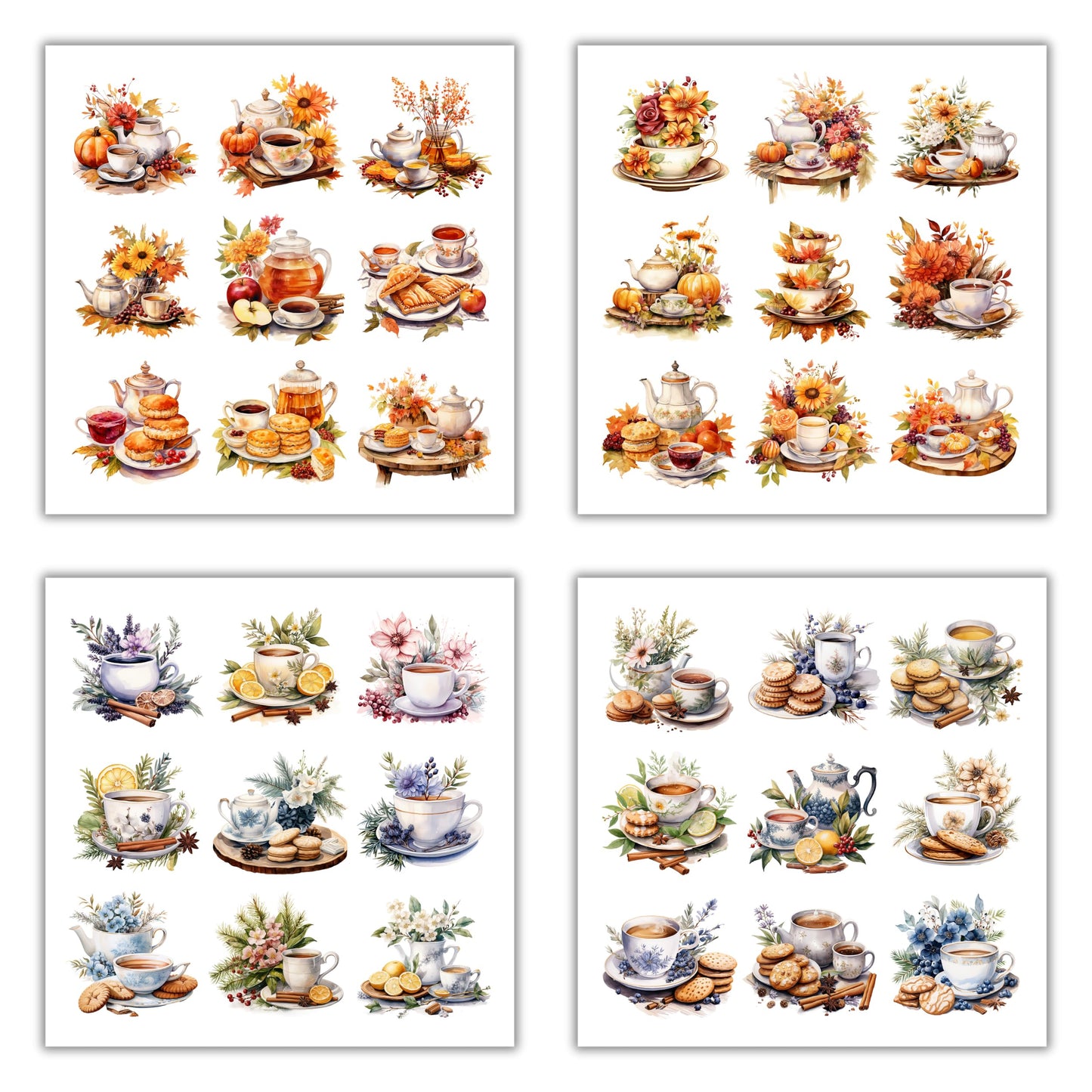 XERE 144 Pcs Tea Sets Four Seasons Sticker Book for Journaling Notebooks, Sketchbook, Bookmark Making, Junk Journal, Budget Planner, Scrapbook Art Supplies Stickers