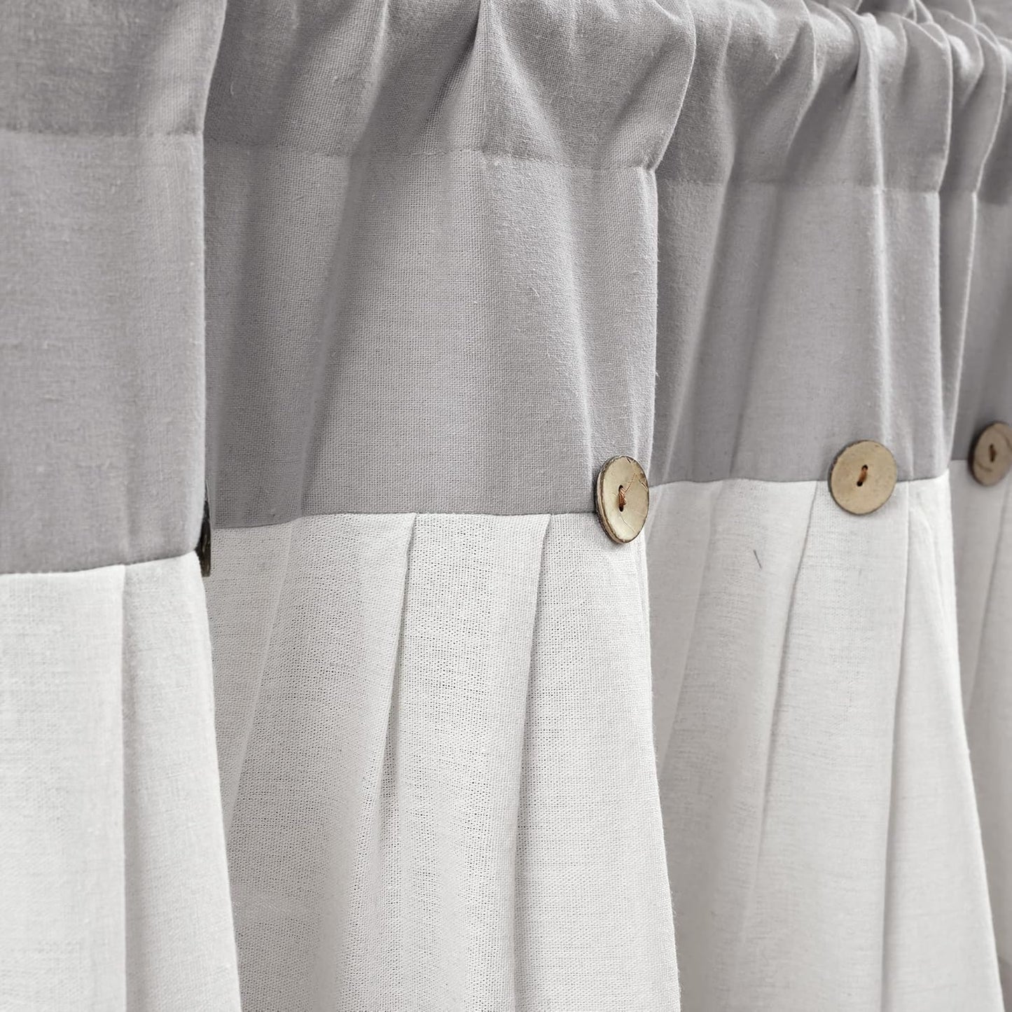 Lush Decor Linen Button Farmhouse Valance - 52" W x 18" L, Gray & White, Rustic Kitchen Curtains with Coconut Husk