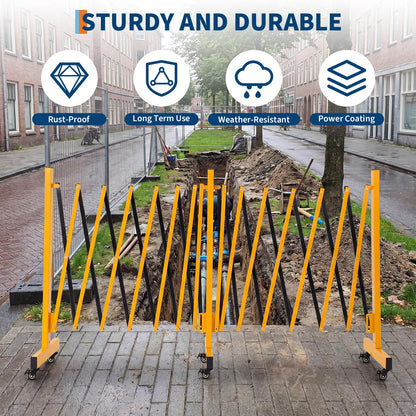 23FT Metal Expandable Mobile Barricade,Industrial Folding Security Gate Driveway Gate, Retractable Retractable Gate Outdoor,Folding Safety Barricade with Casters