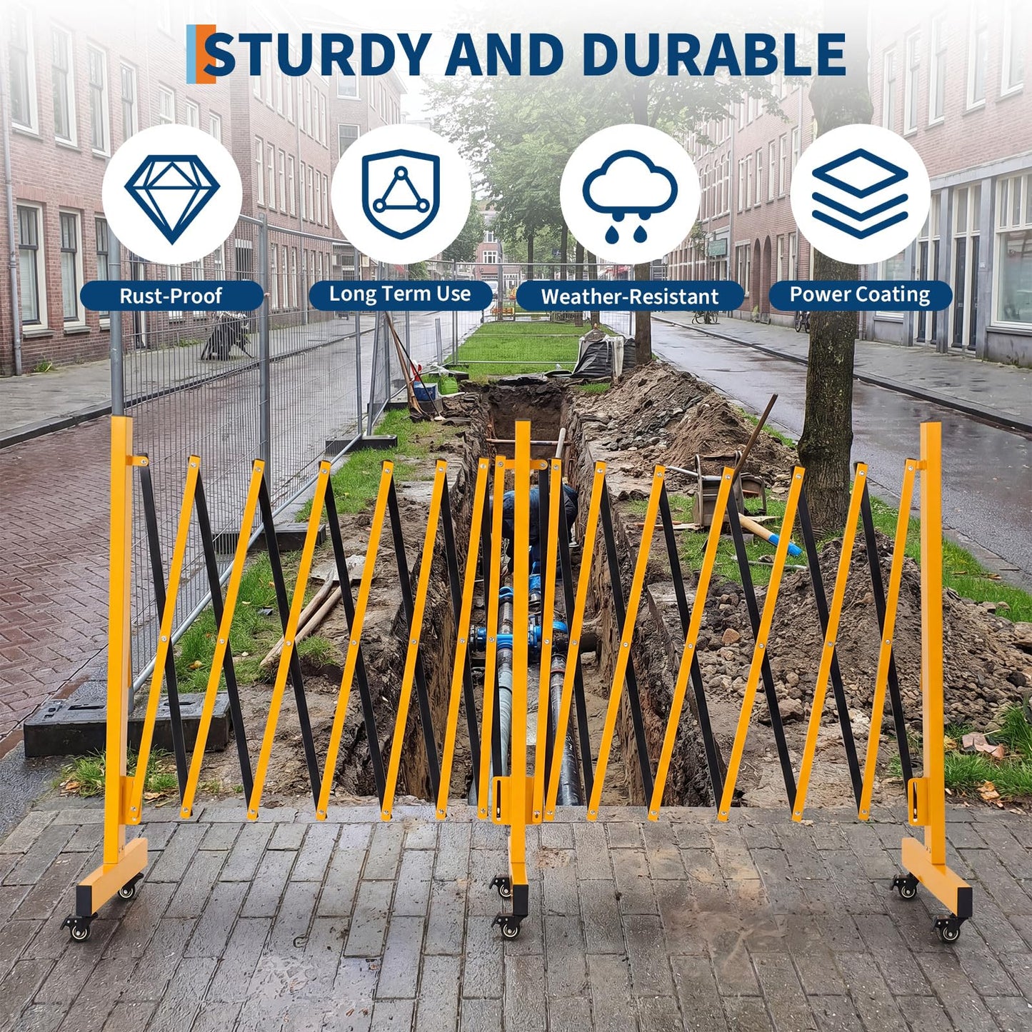 16FT Metal Expandable Mobile Barricade,Industrial Folding Security Gate Driveway Gate, Retractable Retractable Gate Outdoor,Folding Safety Barricade with Casters