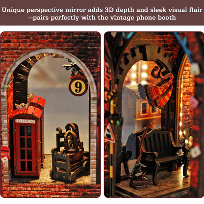 Magic Platform DIY Book Nook Kit Interactive 3D Wood Puzzle LED Magical Miniature with Infinite Mirror Extension Space DIY Bookshelf Insert Decor Gifts Miniature House Magic Express Diorama Scenery