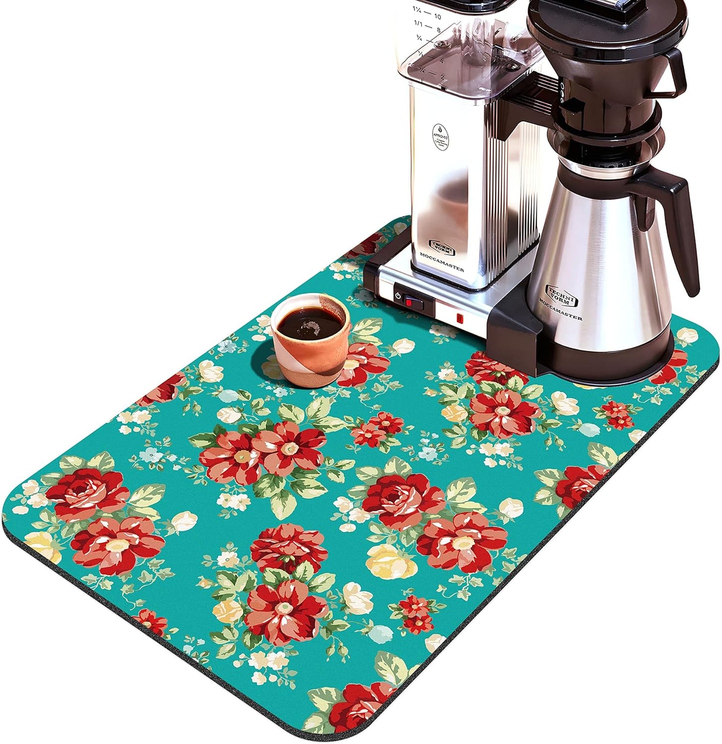Coffee Bar Mat Accessories for Countertop, Pioneer Flower Rubber Backed Dish Drying Mats, 20x12in, Fit Under Coffee