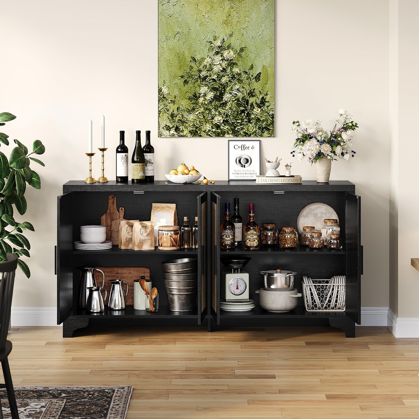 Garvee Natural Rattan Storage Cabinet with Shelves, 4-Door Sideboard Buffet Cabinet, Boho TV Stand Console Table for Living Room, Entryway, Dinning Room