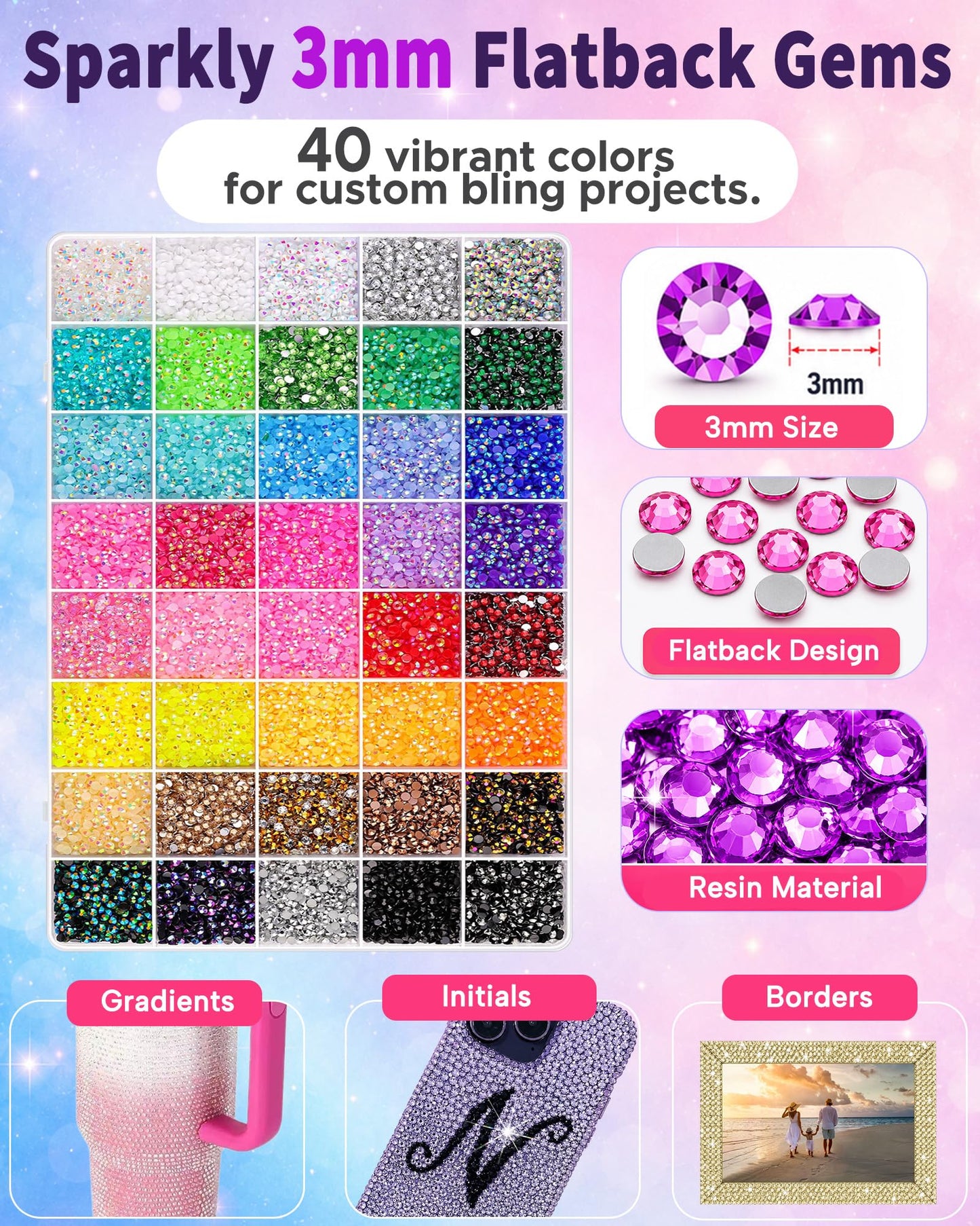 Lacuewa 40 Colors Rhinestone Kit for Bedazzling, 40000 Pcs 3mm Flatback Resin Jelly Rhinestones, All-in-One Bedazzling Kit with 3 Pcs B7000 Glue and Tools for Tumblers, Phone Cases, DIY Crafts