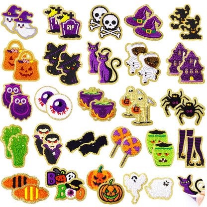 50 Pcs Halloween Patches Chenille Patches Self Adhesive Embroidered Autumn Halloween Pumpkin Ghost Skeleton Witch Hat Spider Gravestone Zombie Stick on Patch Stickers for Backpacks Hats Bags Jackets