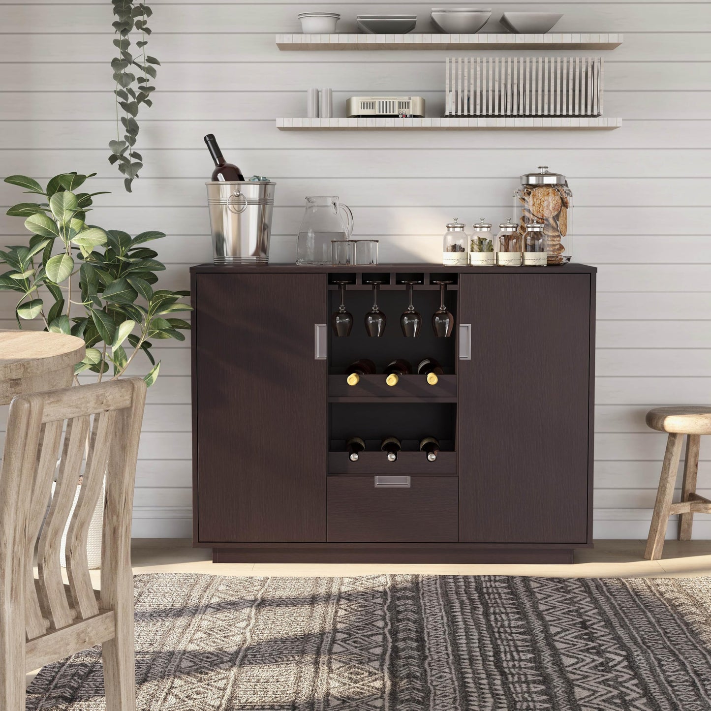 ioHOMES, Mendocino Contemporary 1-Drawer, Wood Frame Dining Buffet with Wine and Glasses Display Racks, Sideboard with Two Shelved Cabinets, Espresso