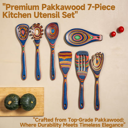 Pakkawood Blue Wooden Kitchen Utensil Set, 7-Piece Cooking Spoons, Non-Stick Colorful Serving Tools with Decorative Pattern