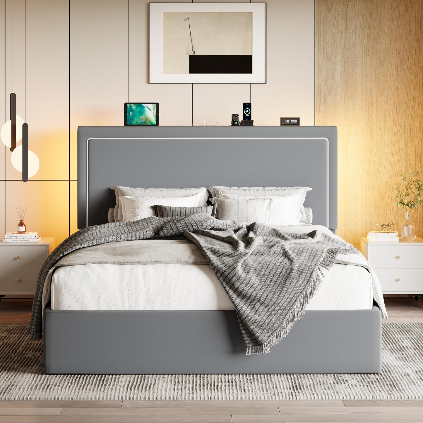 SHA CERLIN Queen Size Hydraulic Lift-Up Storage Platform Bed Frame with Charging Station, RGB LED Lights, Adjustable Velvet Headboard, USB-A and USB-C Ports, No Box Spring Needed, Grey