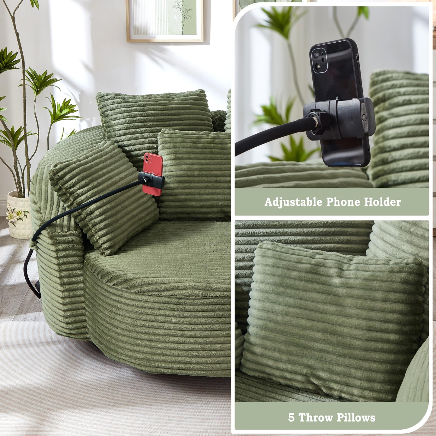 ERYE 360° Swivel Accent Barrel Chair Round Sofa Chaise with 5 Pillows and Adjustable Phone Holder, Modern Round Lazy Armchair for Living Room, Bedroom, Office and Hotel