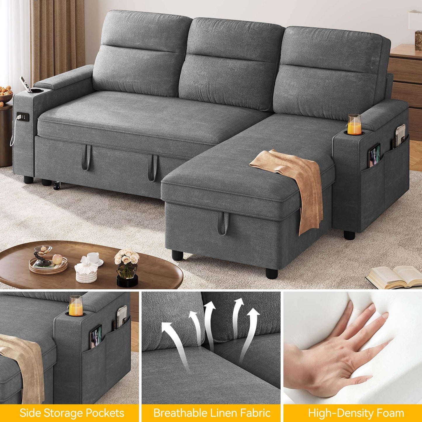 DWVO Convertible Sleeper Sofa with Adjustable Backrest & Pull Out Bed, L-Shaped Sectional Sofa Bed with Armrest & USB Port, Upholstered Sectional Couch for Living Room, No-Tool Assembly, Grey