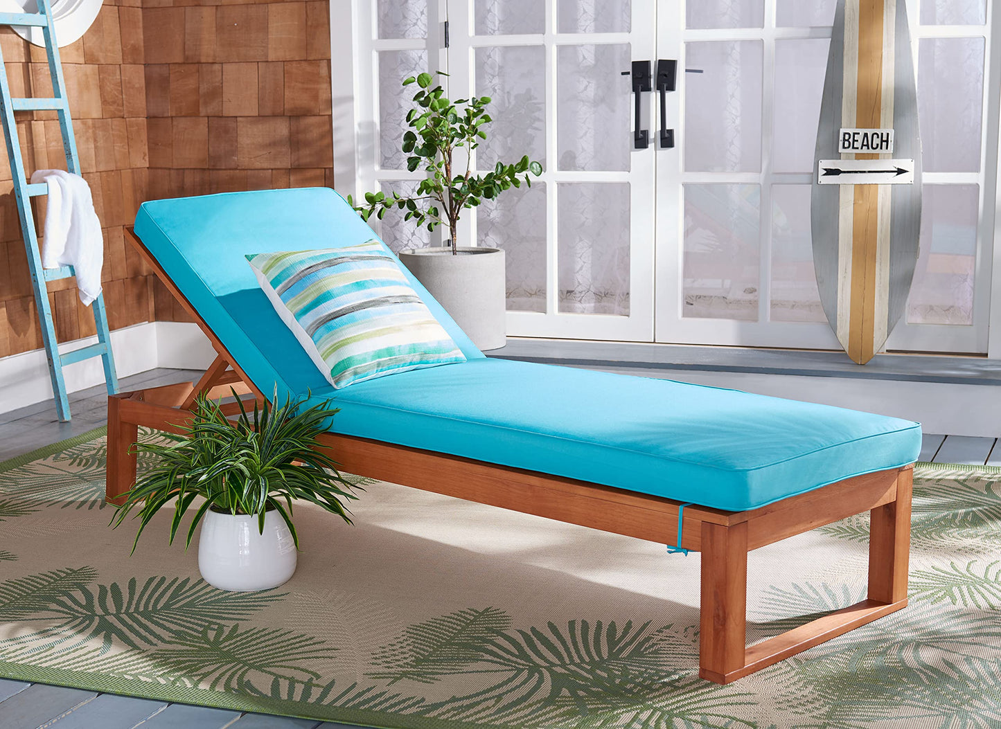 SAFAVIEH Outdoor - Solano Chaise Lounge Chair - Brown & Aqua - Solid Wood with Cushion - Adjustable Backrest Design - Ideal for Patio, Deck, Poolside, Backyard, 81"W x 31.5"D x 12"H (PAT7024Q)