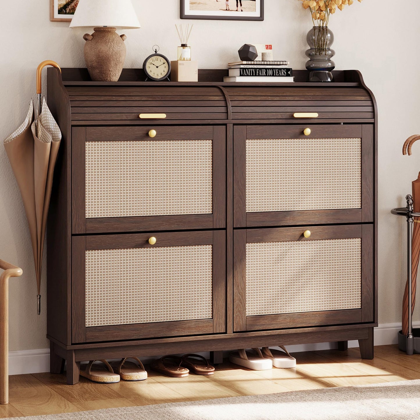 LINSY Shoe Storage Cabinet, Rattan Shoe Cabinet Flip Drawer Shoes Rack Cabinet with Sliding Tambour Door, Large Shoe Cabinets Mid Century Modern Hidden Shoe Storage Organizer for Entryway, Walnut