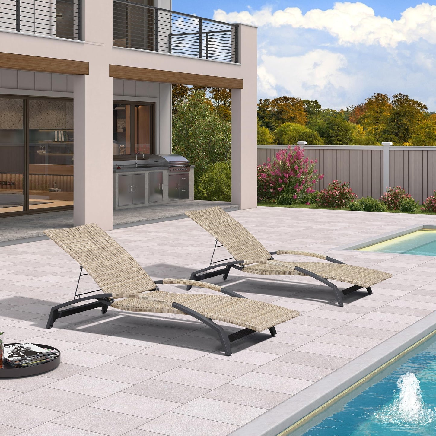 PURPLE LEAF Patio Chaise Lounge Chair Set of 2 Wicker Adjustable Recliner Tanning Chair for Outdoor Pool Beach Poolside Sunbathing Lounger Beige