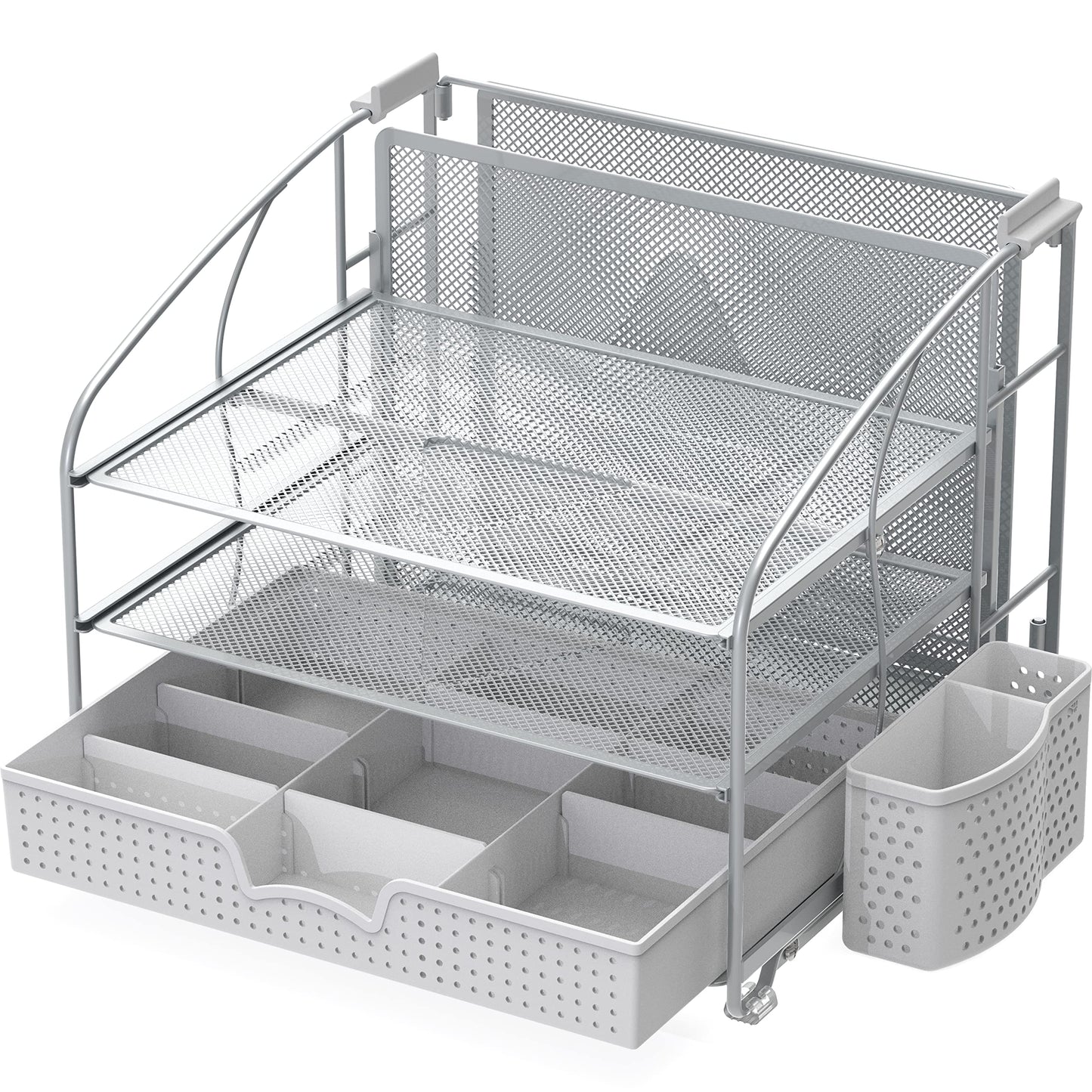 Simple Houseware 3-Tier Desk Organizer with Sliding Drawer, Hanging File Holder and Pen Holder Accessory, Silver
