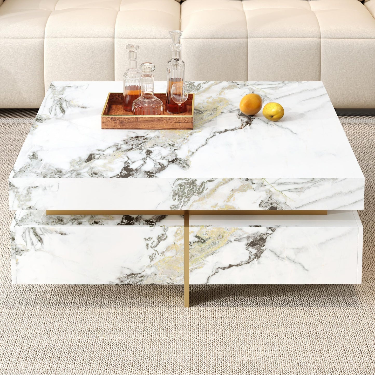 Merax 43.3 Inch Modern Large Square Coffee Table with Marble Textured Top, 4 Built-in Drawers Ample Storage and Floating Suspended Base, Modern Elegance White MDF Storage Center Table for Living Room