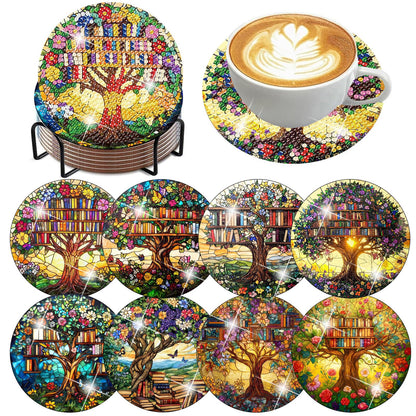ijbnhd 8 Pcs Diamond Art Coasters Kits, Tree of Life Diamond Painting Coasters Kit with Holder, Diamonds Art Non Slip Coaster Crafts Kits for Adults Gifts 4x4 inch (Cork Wooden Pad)