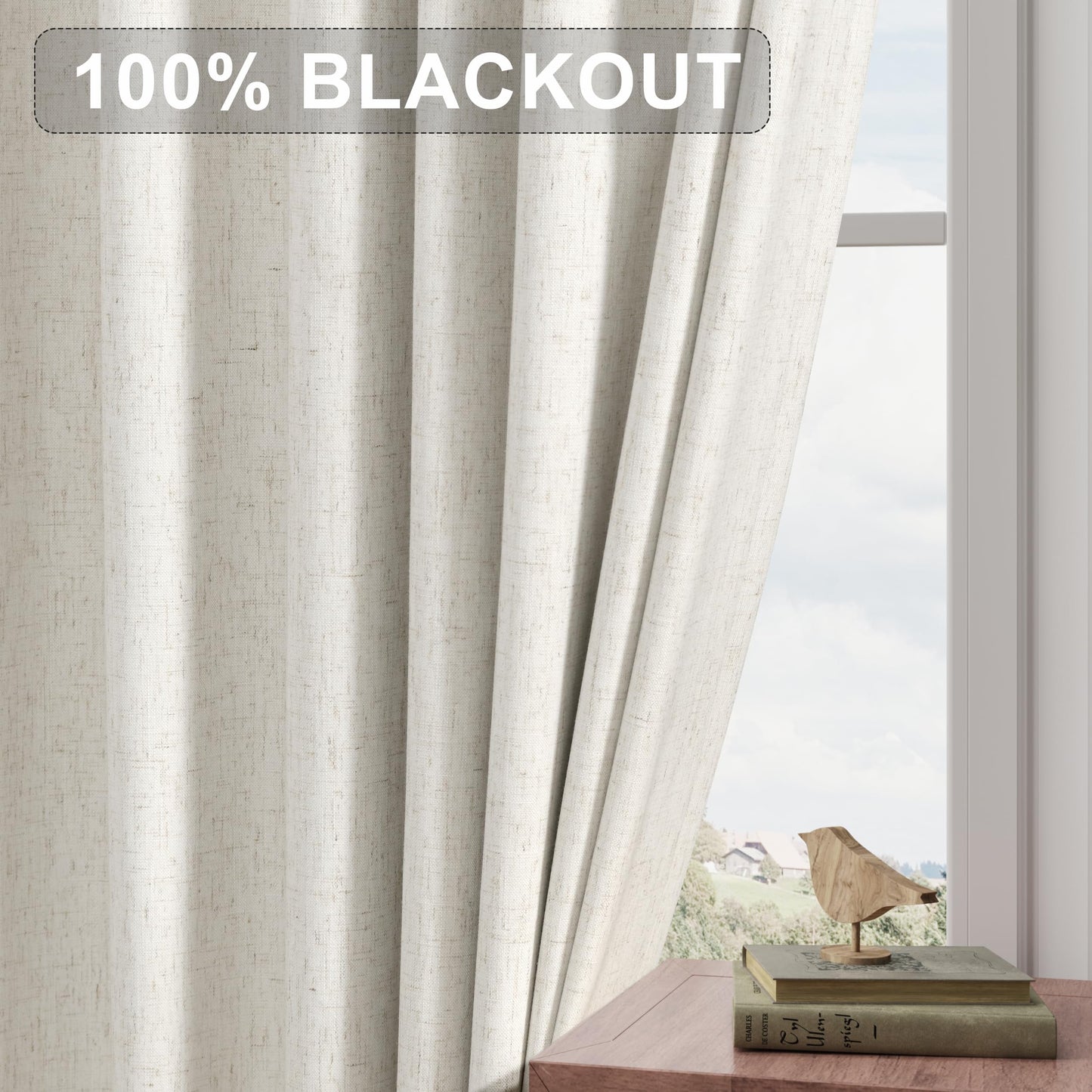 Joywell Cream Linen 100% Blackout Curtains 84 Inch Long, Rod Pocket/Back Tab/Hook Belt/Clip Rings,Thermal Insulated Drapes for Bedroom Living Room Ivory with Hooks(2 Panels,52 x 84,Natural Beige)