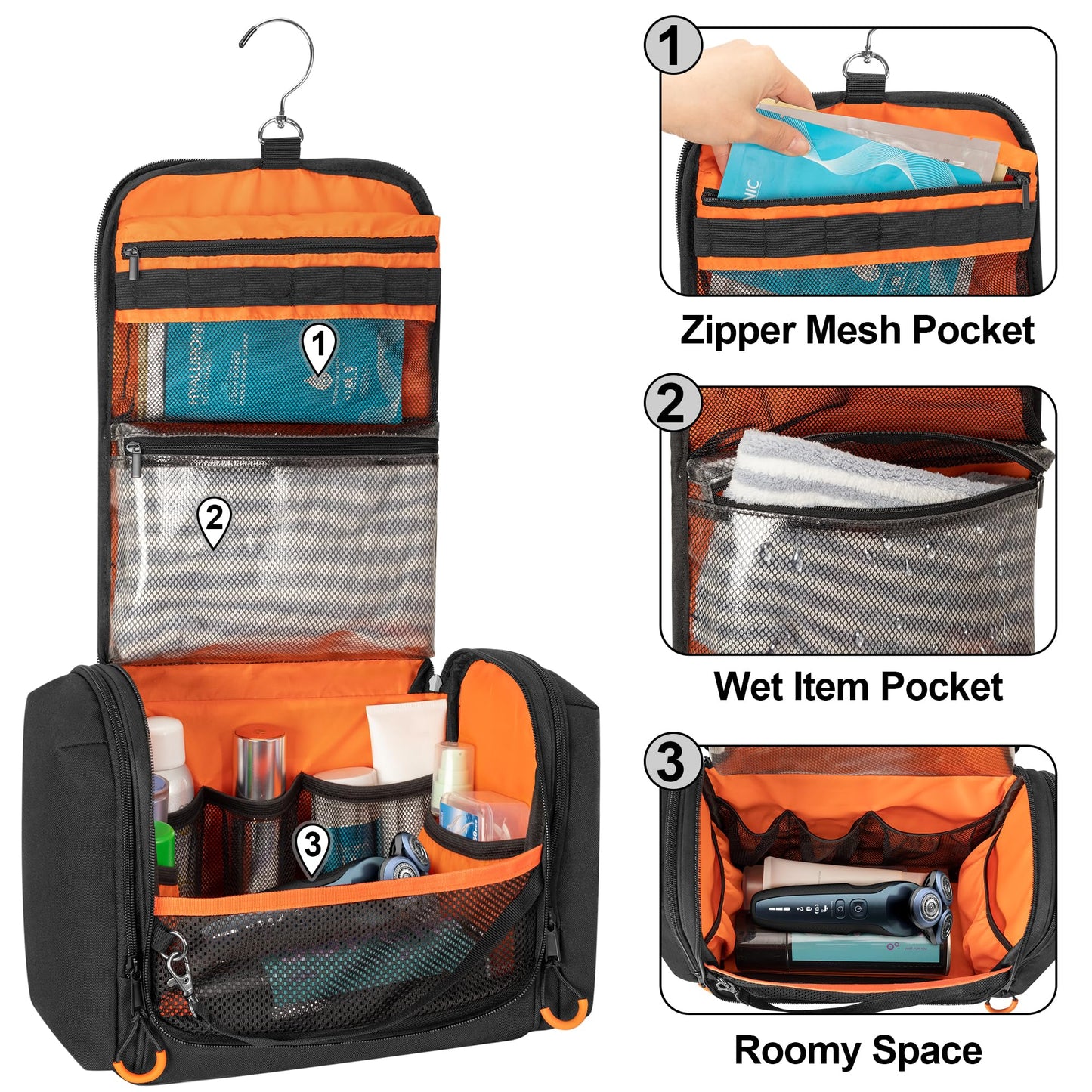 Prokva Tactical Toiletry Travel Bag for Men, Hanging Dopp Kit Hygiene Bag Shower Organizer with Hook for Toiletries and Shaving Care, Black (Empty Bag)