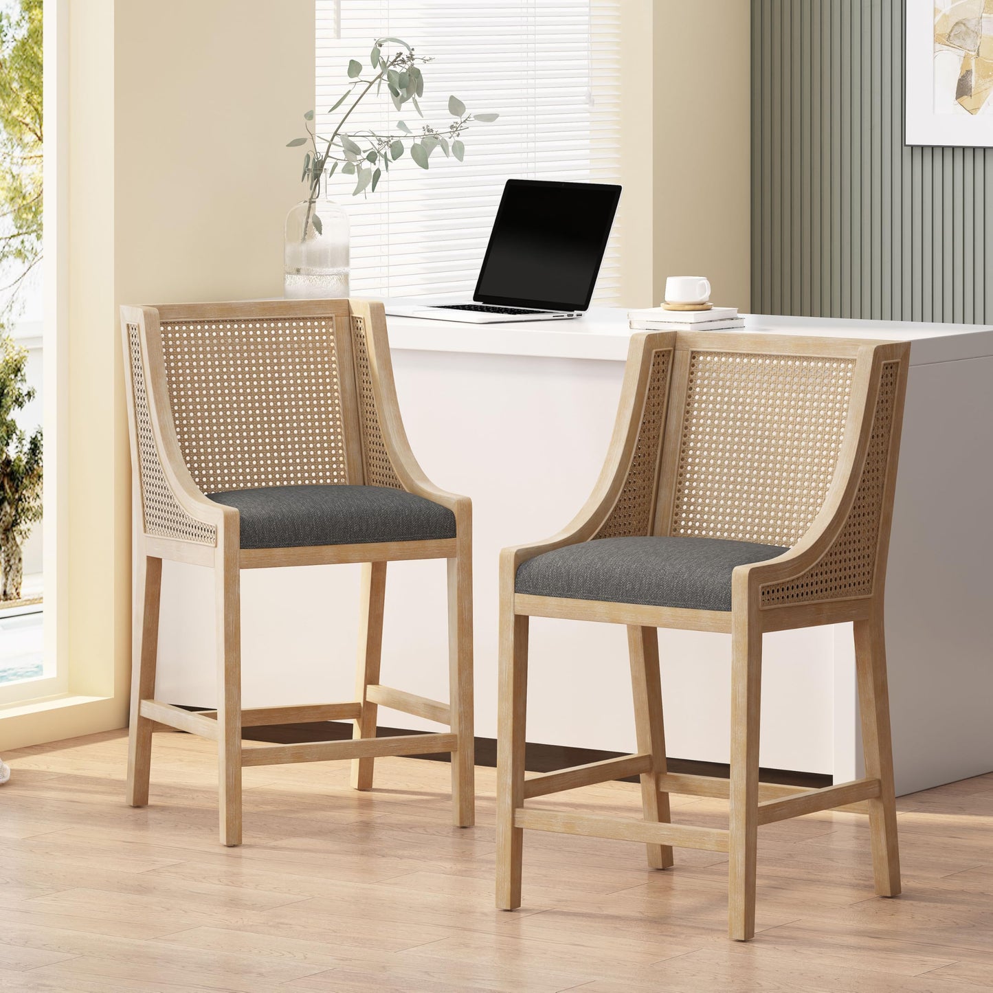 Merax 25.5" Fabric Upholstered Wood and Cane Counter Stools with Backrest,Set of 2,French Country Barstools Chair