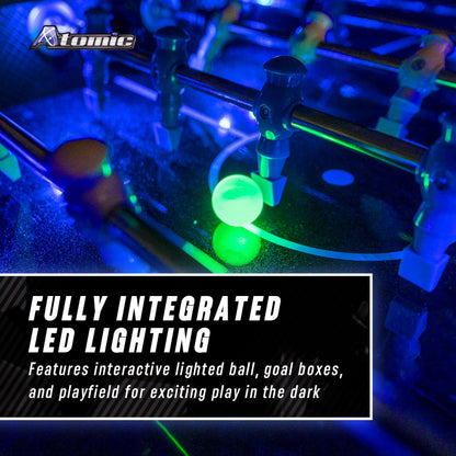 Atomic Azure LED Foosball Table – Light Up Arcade Style Table with In-Rail LED Lighting, Music, Electronic Scoring, Glow Foosball, 47” x 27” Playfield