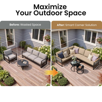 Crestlive 6 Piece Patio Furniture Set, Modern L-Shaped Outdoor Sectional Sofa with Nesting Tables, 4 Inch Thick Cushion, All Weather Resistant Outdoor Furniture Set for Backyard Patio Garden