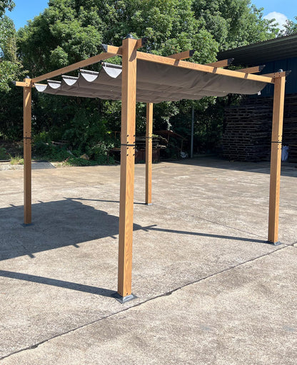 GarveeLife 10x10 ft Outdoor Pergola with Retractable Canopy Upgraded Outdoor Aluminium Pergola, Faux Wood Grain Metal Patio Gazebo for Modern Backyard Deck for Porch, Awning, Grape Trellis, Grey