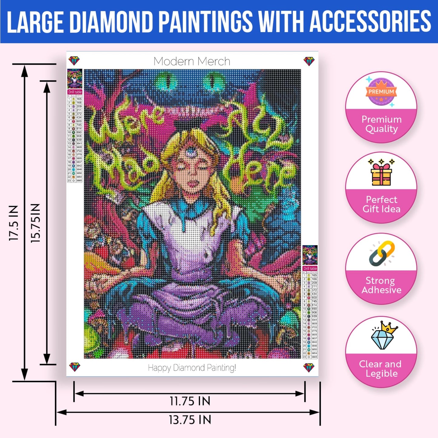Modern Merch Alice in Wonderland Diamond Art Kits for Adults 'We're All Mad Here' 5D Diamond Painting for Adults, DIY Trippy Wall Art, Cross Stitch Gem Art, Full Round Drill 12x16