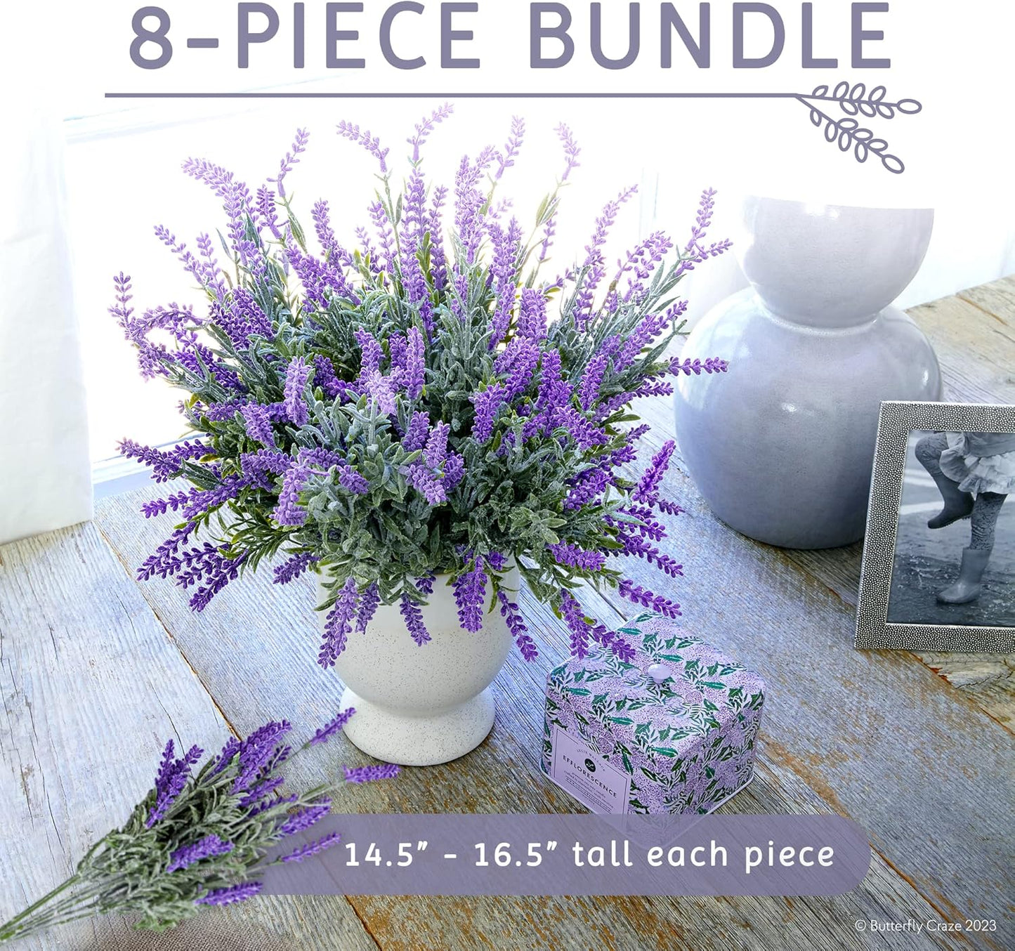 Butterfly Craze Lifelike Artificial Lavender Plants - 8-Piece Bundle for Crafting, Home Decor, Weddings
