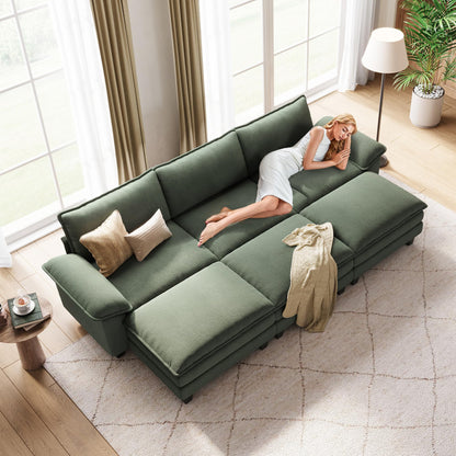 LINSY HOME Modular Sectional Sofa - 123 Inch Oversized Corduroy Cloud Couch with Movable Ottoman Soft Modern Comfy Sofa Set for Living Room Apartment Office, Green