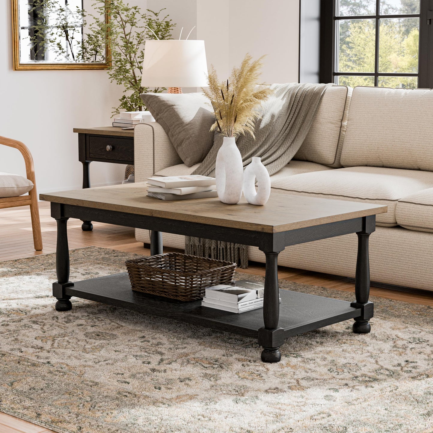 Furniture of America Narella Solid Wood 48-inch Rectangular Coffee Table with Two-Toned Design and Farmhouse Legs for Living Room, Weathered Black