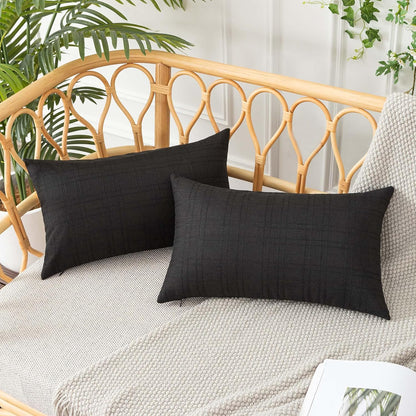 UGASA Outdoor Throw Pillow Covers - Waterproof Plaid Texture | Set of 2, 12x20 Inch, Black for Patio & Garden