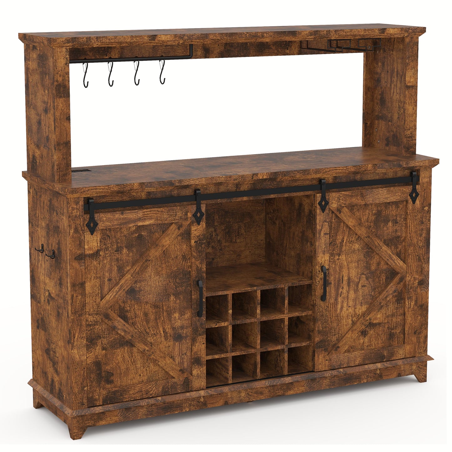 Hetoy Farmhouse Coffee Bar Cabinet 55" Tall with Sliding Barn Door, LED Light, Power Outlet – Storage Drawers, 12-Bottle Wine Rack, Ideal Coffee Hutch for Dining Room or Home Bar