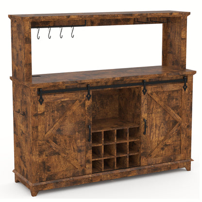 Hetoy Farmhouse Coffee Bar Cabinet 55" Tall with Sliding Barn Door, LED Light, Power Outlet – Storage Drawers, 12-Bottle Wine Rack, Ideal Coffee Hutch for Dining Room or Home Bar